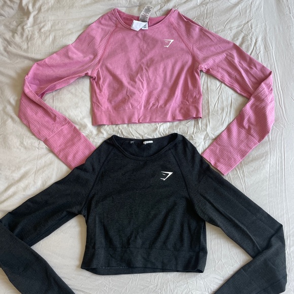 Gymshark Pink and Black Long Sleeve Crop Tops - Picture 1 of 3